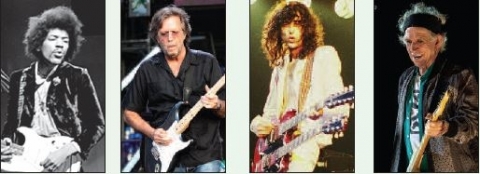 Laurence's rock heroes: (from left) Jimi Hendrix, Eric Clapton, Jimmy Page, and Keith Richards (Photos: Wikepedia Commons)